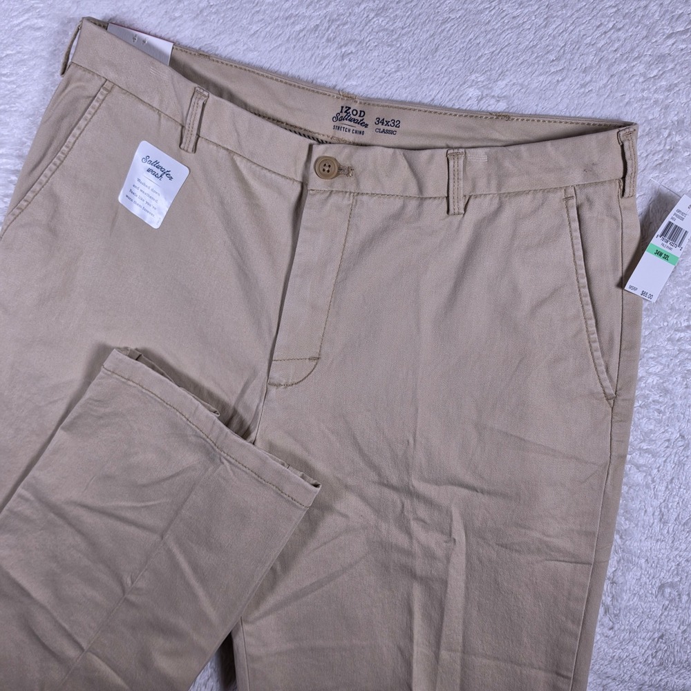 NEW IZOD Saltwater Stretch Chino Mens 34/32 Beige Classic Fit 45BP016272